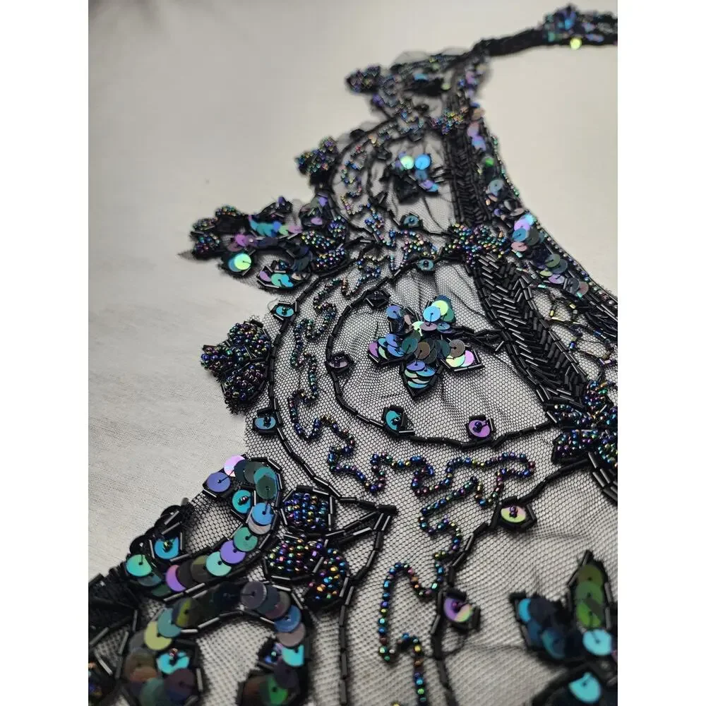 Black Iridescent Hand-Beaded Sequin Shawl Wrap Burlesque Shrug Capelet Old Money